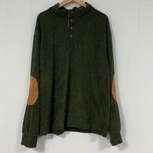 Rayaura Mens L Green Corduroy Pullover Sweatshirt Elbow Patches Buttons